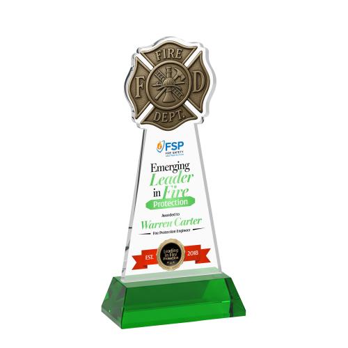 Awards and Plaques - Crystal Trophies - Fire Dept Full Color on Hartford Base Green Unique Crystal Trophy