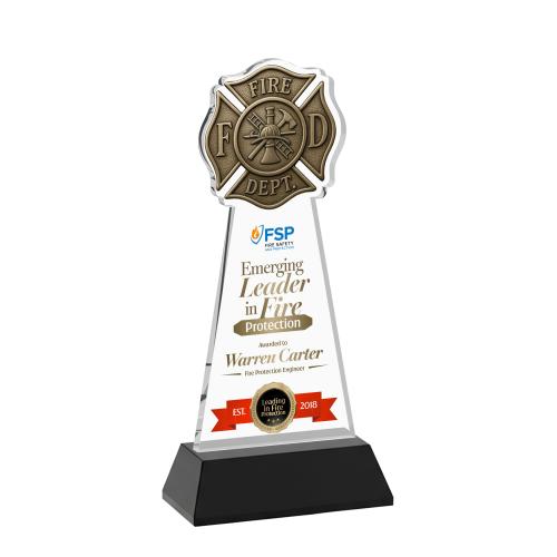 Awards and Plaques - Crystal Trophies - Fire Dept Full Color on Hartford Base Black Unique Crystal Trophy