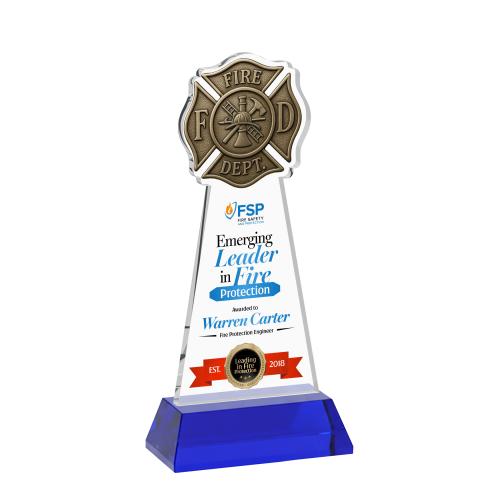 Awards and Plaques - Crystal Trophies - Fire Dept Full Color on Hartford Base Blue Unique Crystal Trophy