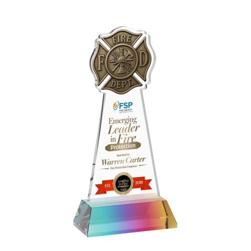 Awards and Plaques - Crystal Trophies - Fire Dept Full Color on Hartford Base Prismatic Unique Crystal Trophy