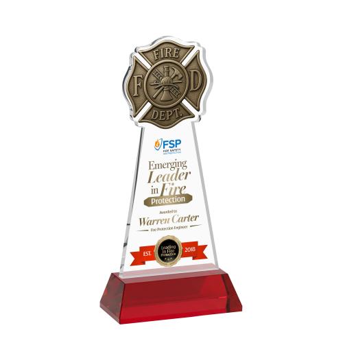 Awards and Plaques - Crystal Trophies - Fire Dept Full Color on Hartford Base Red Unique Crystal Trophy