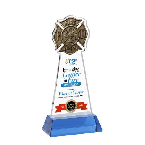 Awards and Plaques - Crystal Trophies - Fire Dept Full Color on Hartford Base Sky Blue Unique Crystal Trophy
