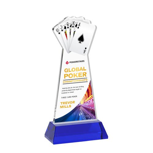 Awards and Plaques - Crystal Trophies - Poker Full Color on Hartford Base Blue Unique Crystal Trophy