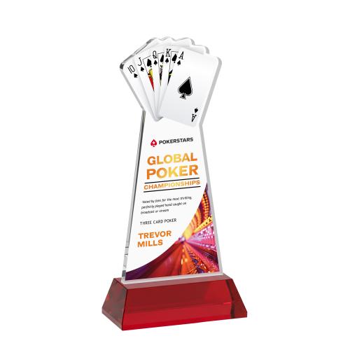 Awards and Plaques - Crystal Trophies - Poker Full Color on Hartford Base Red Unique Crystal Trophy