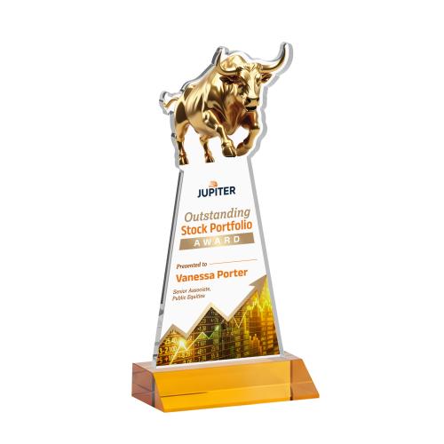 Awards and Plaques - Crystal Trophies - Raging Bull Full Color Amber Animals Crystal Trophy