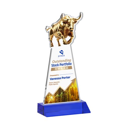 Awards and Plaques - Crystal Trophies - Raging Bull Full Color Blue Animals Crystal Trophy