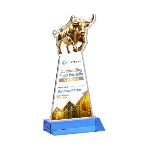 Awards and Plaques - Crystal Trophies - Raging Bull Full Color Sky Blue Animals Crystal Trophy