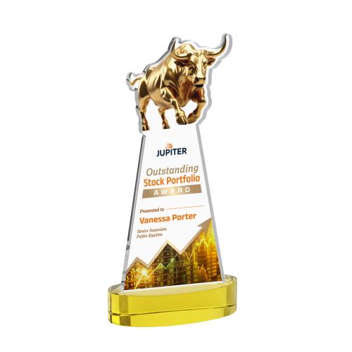Awards and Plaques - Crystal Trophies - Raging Bull Full Color on Alberton Base Gold Animals Crystal Trophy