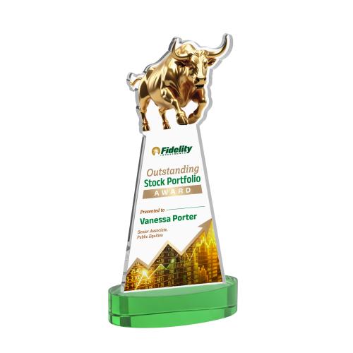 Awards and Plaques - Crystal Trophies - Raging Bull Full Color on Alberton Base Green Animals Crystal Trophy