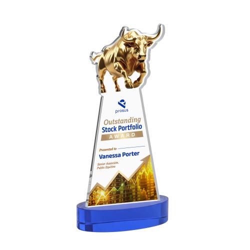 Awards and Plaques - Crystal Trophies - Raging Bull Full Color on Alberton Base Blue Animals Crystal Trophy