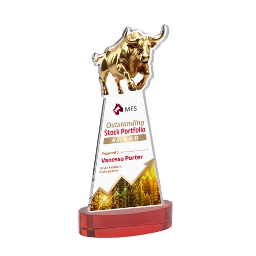 Awards and Plaques - Crystal Trophies - Raging Bull Full Color on Alberton Base Red Animals Crystal Trophy