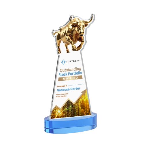 Awards and Plaques - Crystal Trophies - Raging Bull Full Color on Alberton Base Sky Blue Animals Crystal Trophy