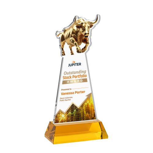 Awards and Plaques - Crystal Trophies - Raging Bull Full Color on Hartford Base Amber Animals Crystal Trophy