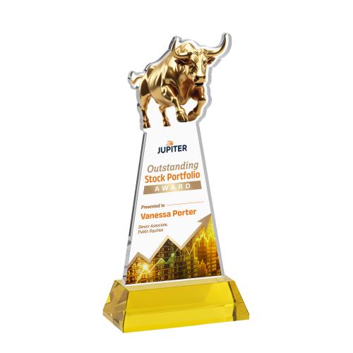Awards and Plaques - Crystal Trophies - Raging Bull Full Color on Hartford Base Gold Animals Crystal Trophy
