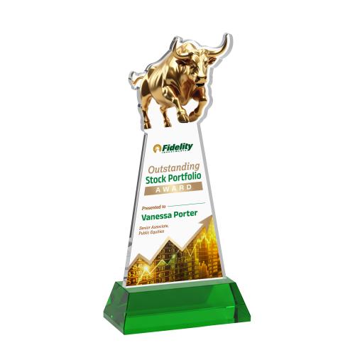 Awards and Plaques - Crystal Trophies - Raging Bull Full Color on Hartford Base Green Animals Crystal Trophy