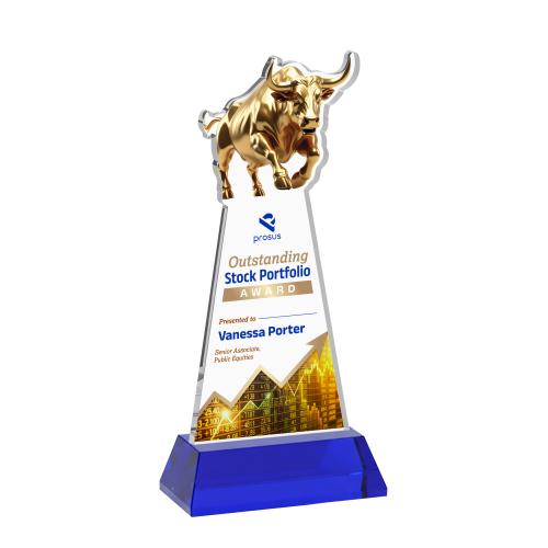 Awards and Plaques - Crystal Trophies - Raging Bull Full Color on Hartford Base Blue Animals Crystal Trophy