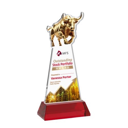 Awards and Plaques - Crystal Trophies - Raging Bull Full Color on Hartford Base Red Animals Crystal Trophy