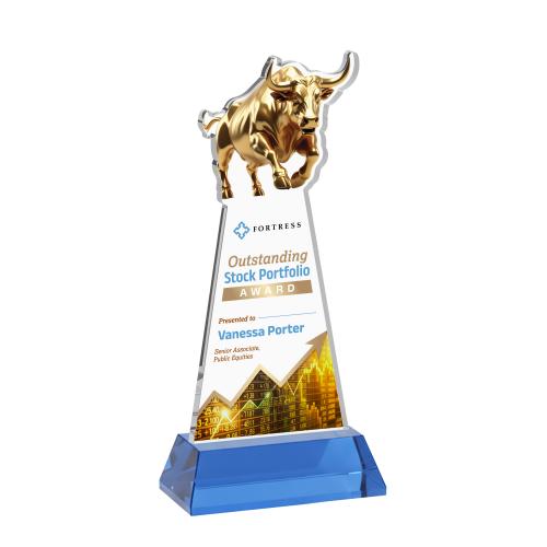 Awards and Plaques - Crystal Trophies - Raging Bull Full Color on Hartford Base Sky Blue Animals Crystal Trophy