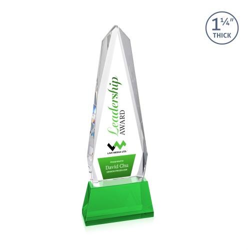Awards and Plaques - Crystal Trophies - Cheswick Full Color on Pruitt Base Green Obelisk Crystal Trophy