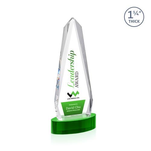 Awards and Plaques - Crystal Trophies - Cheswick Full Color on Alberton Base Green Obelisk Crystal Trophy