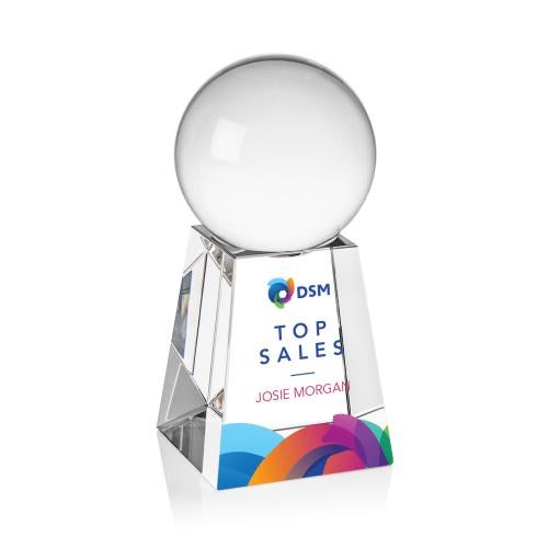Awards and Plaques - Crystal Trophies - Crystal Ball Full Color Globe on Tall Base Crystal Trophy