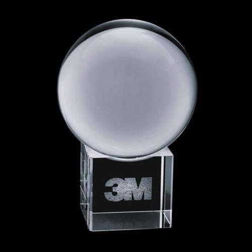 Awards and Plaques - Crystal Trophies - Crystal Ball Globe on Cube 3D Crystal Trophy