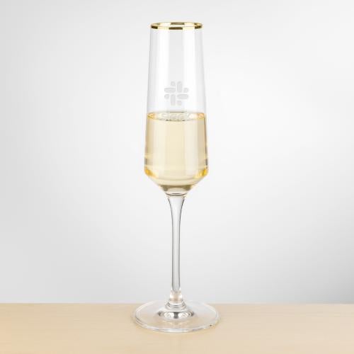 Custom Barware Glasses - Champagne Glasses - Ledford Gold Rim Flute - Deep Etch