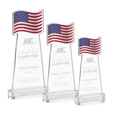Flag on Alberton Base Clear Unique Crystal Trophy - Patriotic and Government Awards 