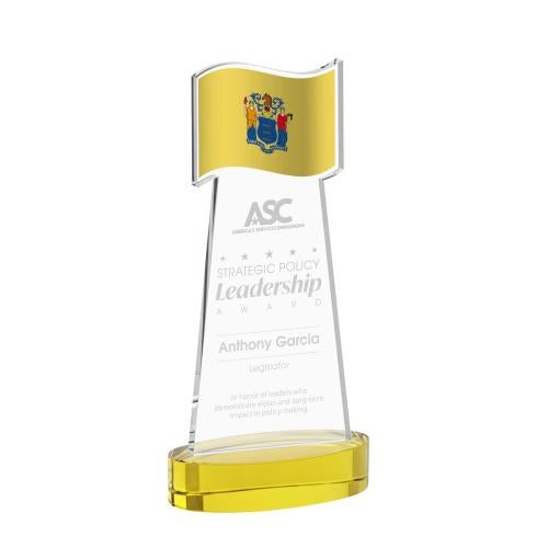Awards and Plaques - Crystal Trophies - Flag on Alberton Base Gold Unique Crystal Trophy