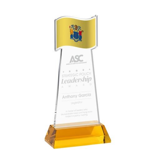 Awards and Plaques - Crystal Trophies - Flag on Hartford Base Amber Unique Crystal Trophy