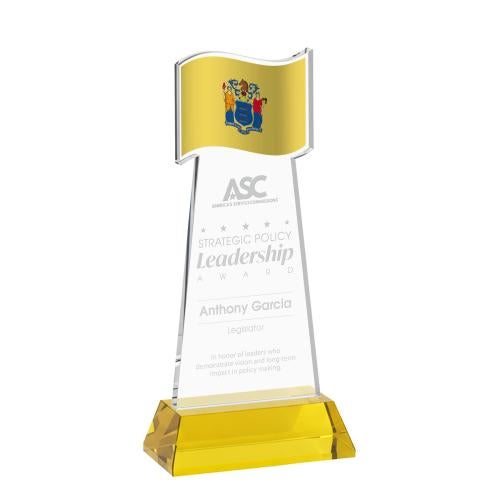 Awards and Plaques - Crystal Trophies - Flag on Hartford Base Gold Unique Crystal Trophy