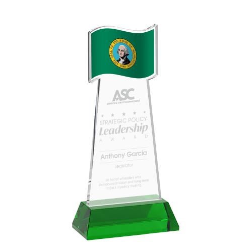 Awards and Plaques - Crystal Trophies - Flag on Hartford Base Green Unique Crystal Trophy