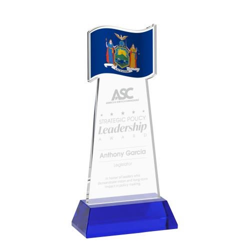 Awards and Plaques - Crystal Trophies - Flag on Hartford Base Blue Unique Crystal Trophy