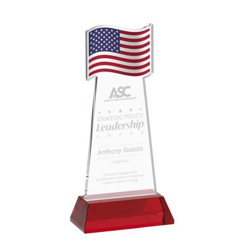 Awards and Plaques - Crystal Trophies - Flag on Hartford Base Red Unique Crystal Trophy