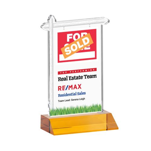 Awards and Plaques - Crystal Trophies - Real Estate Full Color Amber Unique Crystal Trophy
