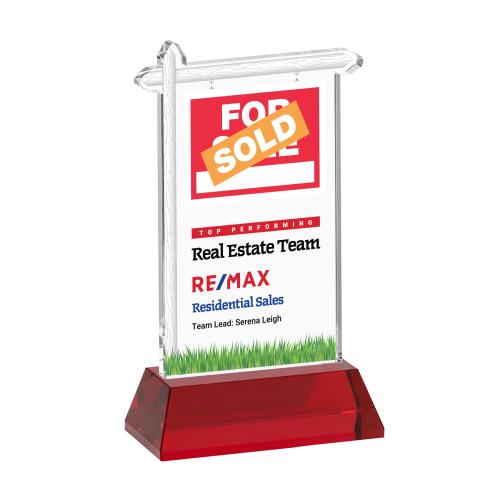 Awards and Plaques - Crystal Trophies - Real Estate Full Color on Hartford Base Red Unique Crystal Trophy