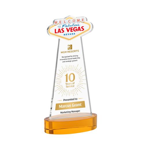 Awards and Plaques - Crystal Trophies - Las Vegas Full Color on Alberton Base Amber Unique Crystal Trophy