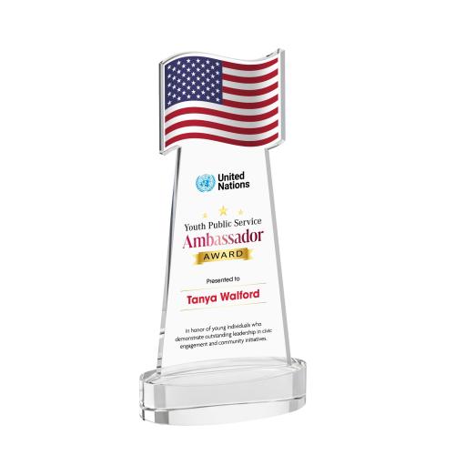 Awards and Plaques - Crystal Trophies - Flag Full Color on Alberton Base Clear Unique Crystal Trophy