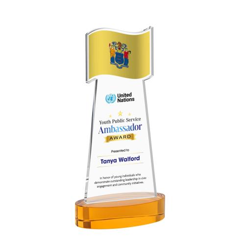 Awards and Plaques - Crystal Trophies - Flag Full Color on Alberton Base Amber Unique Crystal Trophy