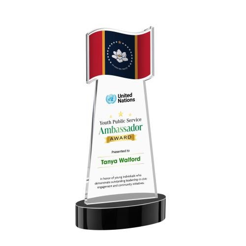 Awards and Plaques - Crystal Trophies - Flag Full Color on Alberton Base Black Unique Crystal Trophy