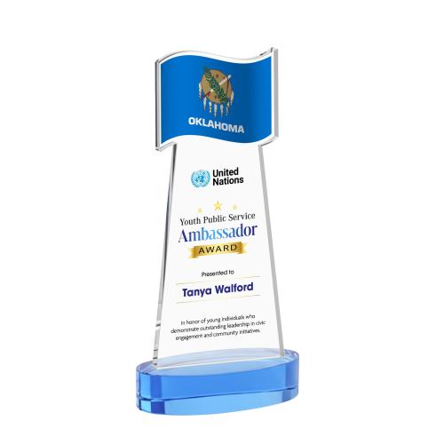 Awards and Plaques - Crystal Trophies - Flag Full Color on Alberton Base Sky Blue Unique Crystal Trophy