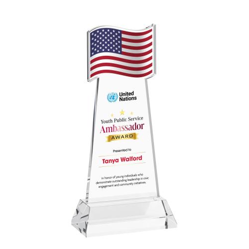 Awards and Plaques - Crystal Trophies - Flag Full Color on Hartford Base Clear Unique Crystal Trophy