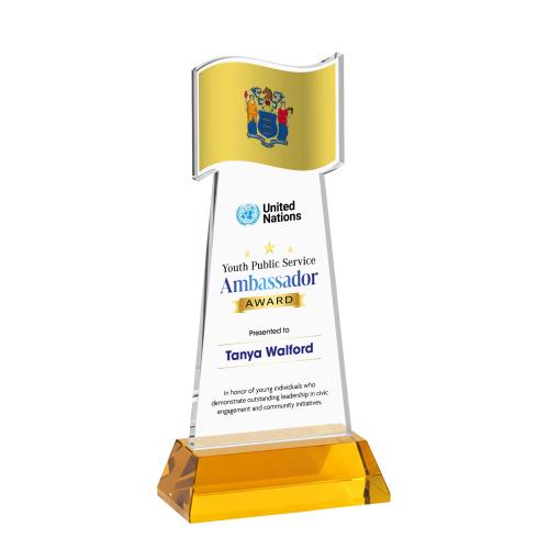 Awards and Plaques - Crystal Trophies - Flag Full Color on Hartford Base Amber Unique Crystal Trophy