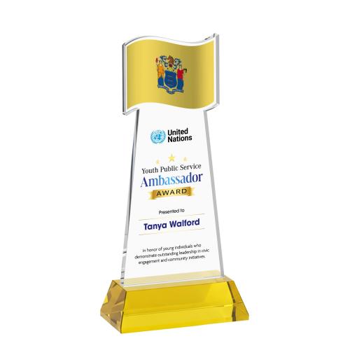 Awards and Plaques - Crystal Trophies - Flag Full Color on Hartford Base Gold Unique Crystal Trophy