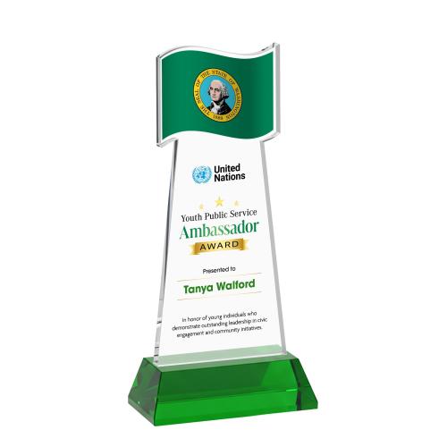 Awards and Plaques - Crystal Trophies - Flag Full Color on Hartford Base Green Unique Crystal Trophy