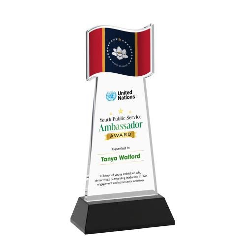 Awards and Plaques - Crystal Trophies - Flag Full Color on Hartford Base Black Unique Crystal Trophy