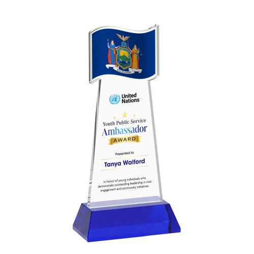 Awards and Plaques - Crystal Trophies - Flag Full Color on Hartford Base Blue Unique Crystal Trophy
