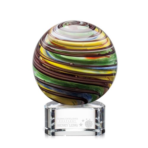 Awards and Plaques - Glass Trophies - Art Glass Trophies - Romano Globe on Half Round Base Glass Trophy