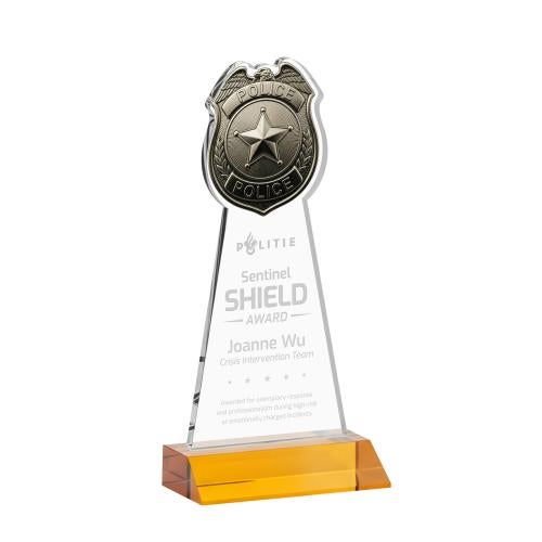 Awards and Plaques - Crystal Trophies - Police Badge Amber Unique Crystal Trophy