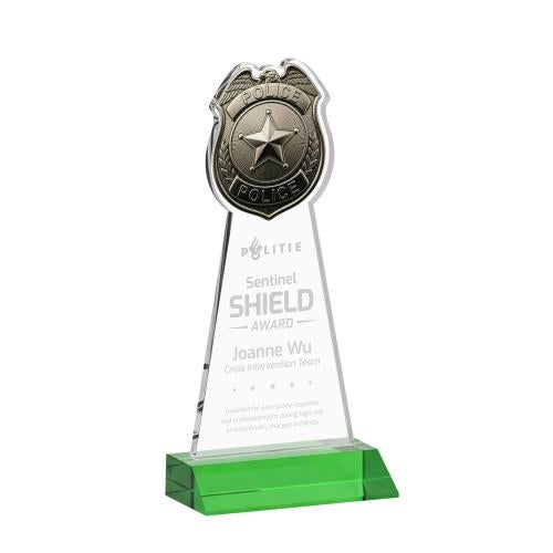 Awards and Plaques - Crystal Trophies - Police Badge Green Unique Crystal Trophy
